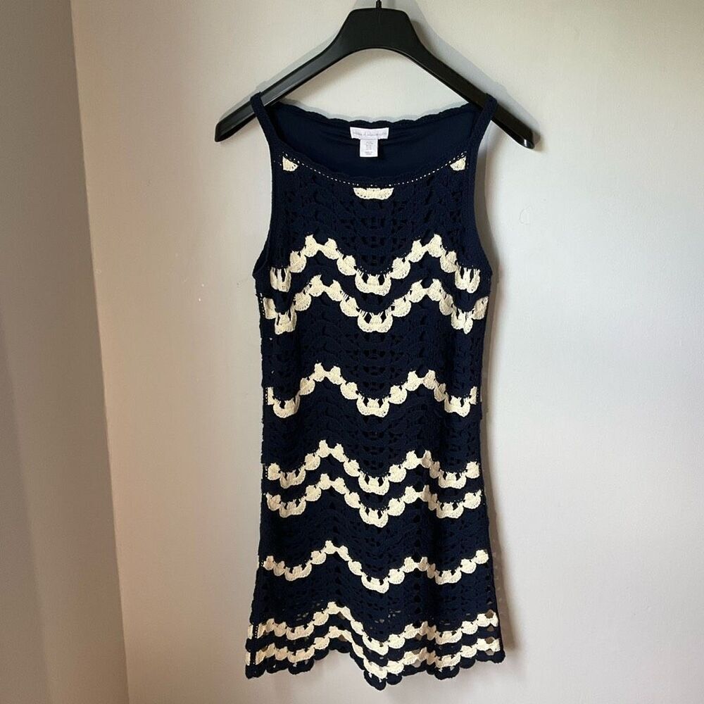 House of Harlowe Crochet Tank Dress, XS. Navy and Cream. Minimalist, Modest. Sum